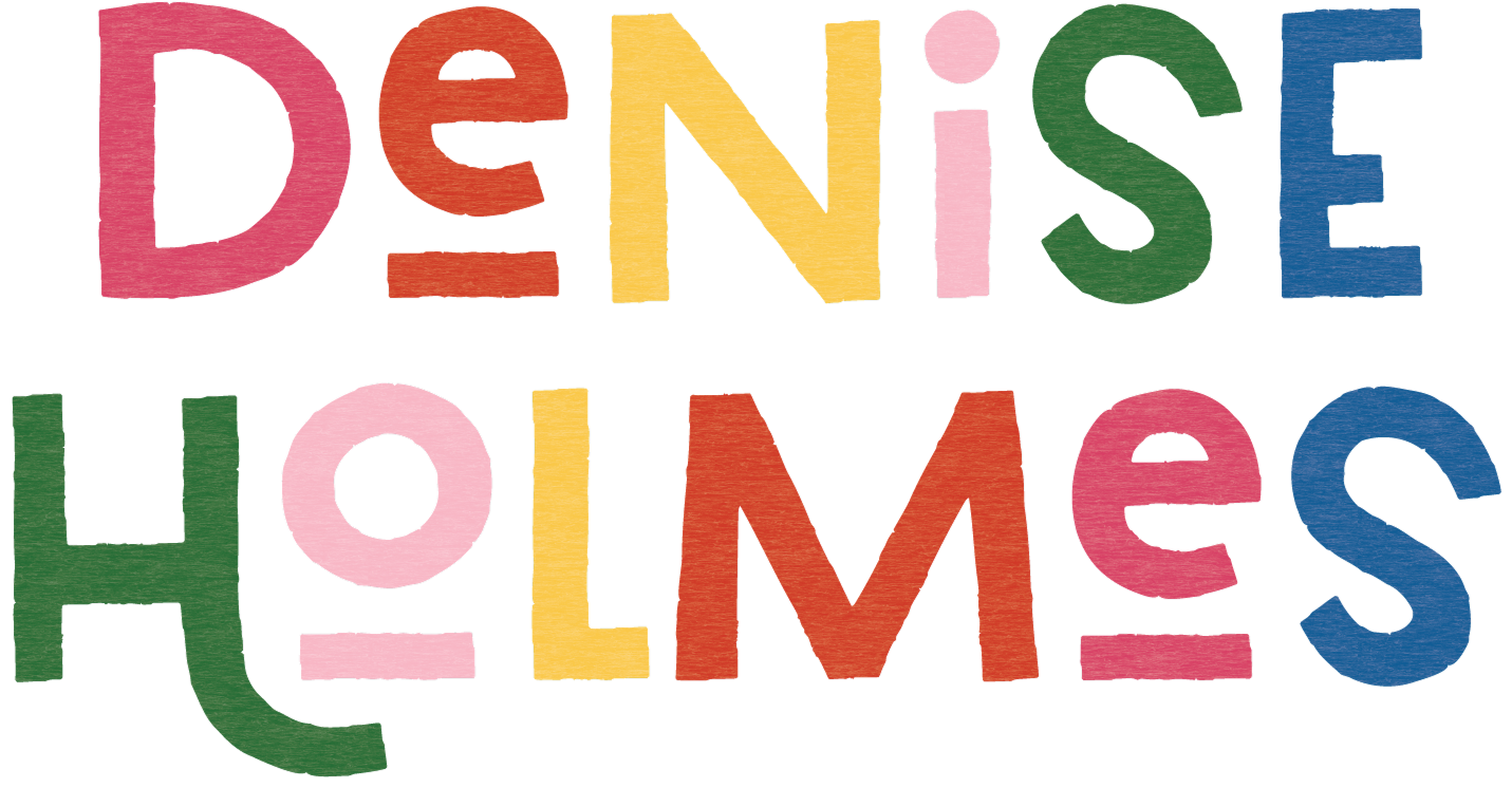 Denise Holmes logo featuring colorful hand-drawn lettering for a children's book illustrator brand.