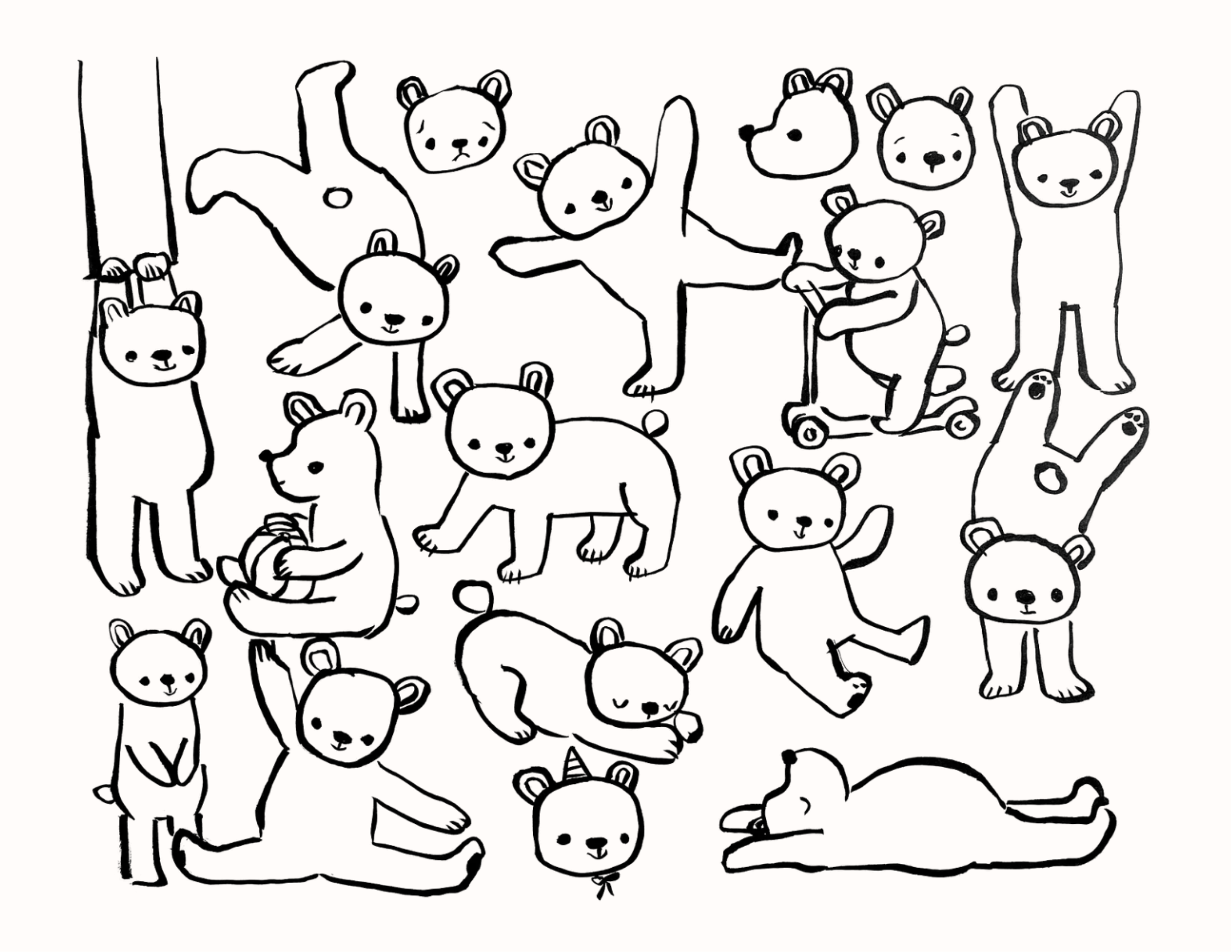 Loose playful brush pen drawings of a cute bear