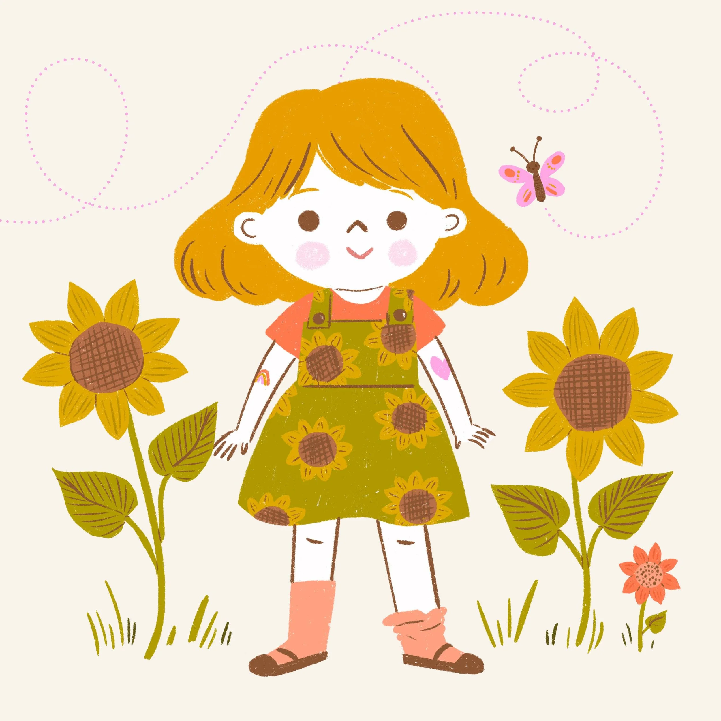 Illustration of a child wearing a sunflower dress standing among sunflowers and flowers.