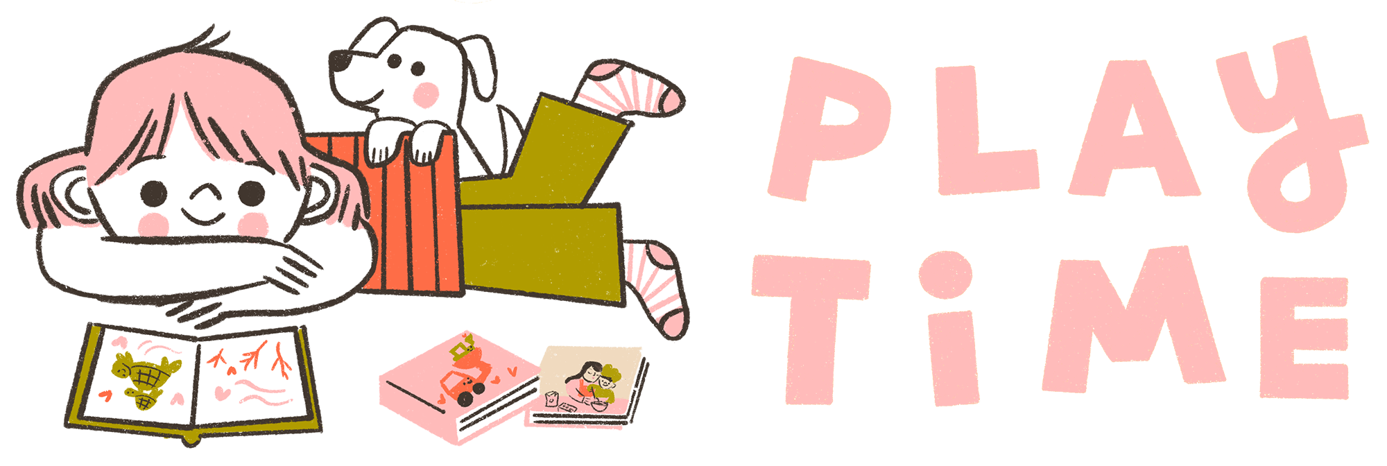 Play Time newsletter banner featuring Denise Holmes’ illustrated characters and books for her Substack updates.