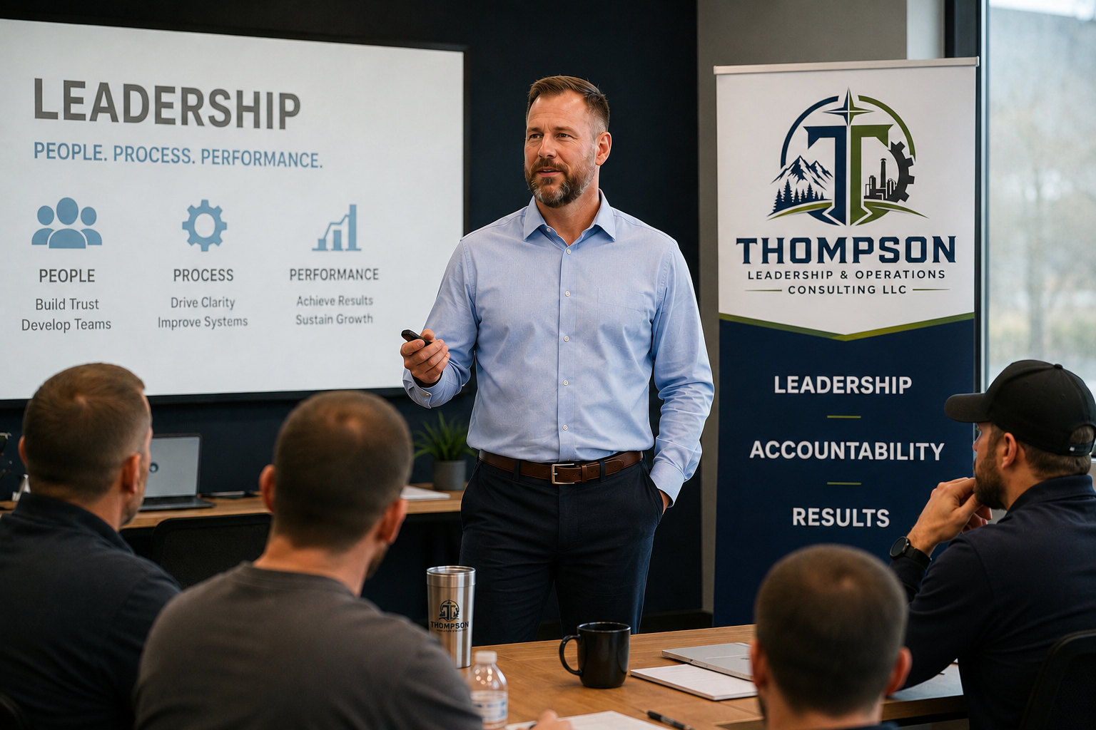 A man in a blue shirt giving a business presentation in a conference room with a large screen and a banner displaying the Thompson Leadership and Operations Consulting LLC logo.