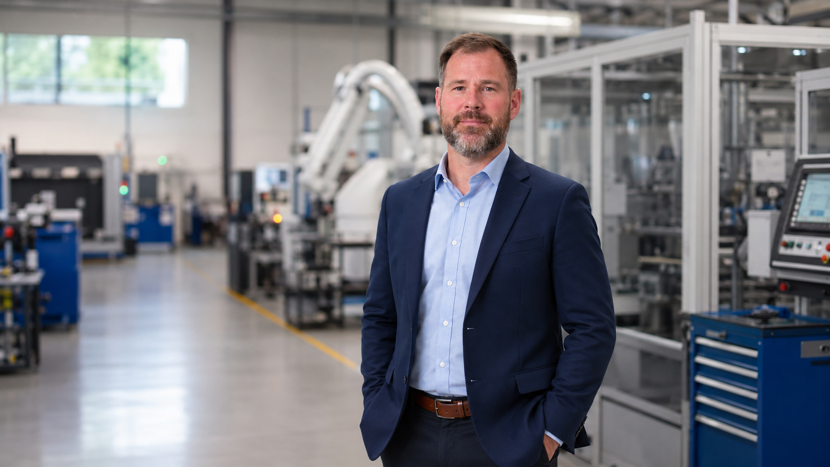 A man in a navy suit and light blue shirt standing in an industrial or manufacturing facility with machinery and control panels in the background.