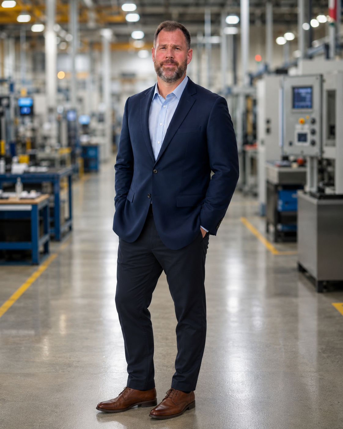A man in a navy blue suit and brown shoes standing inside an industrial factory or manufacturing facility.