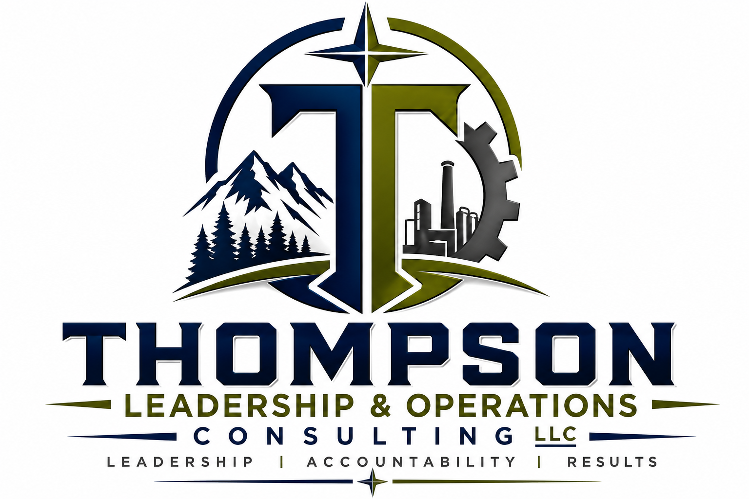 Logo for Thompson Leadership & Operations Consulting LLC featuring mountains, trees, a factory, a compass, and the company name.