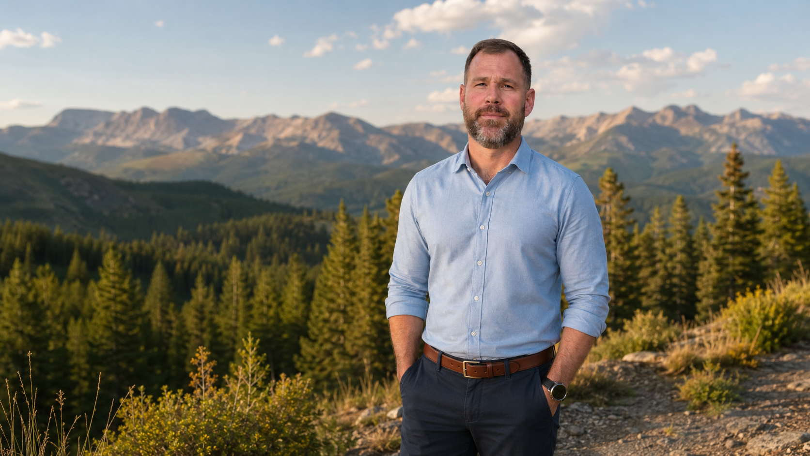 A man in a light blue button-up shirt and dark pants standing outdoors in front of a mountain landscape with a forest and blue sky with scattered clouds.