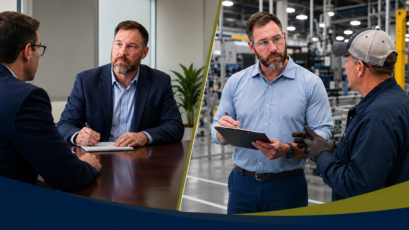 Two men in business attire having a discussion in a conference room on the left, and two men in work uniforms having a discussion with a clipboard in a factory or warehouse on the right.