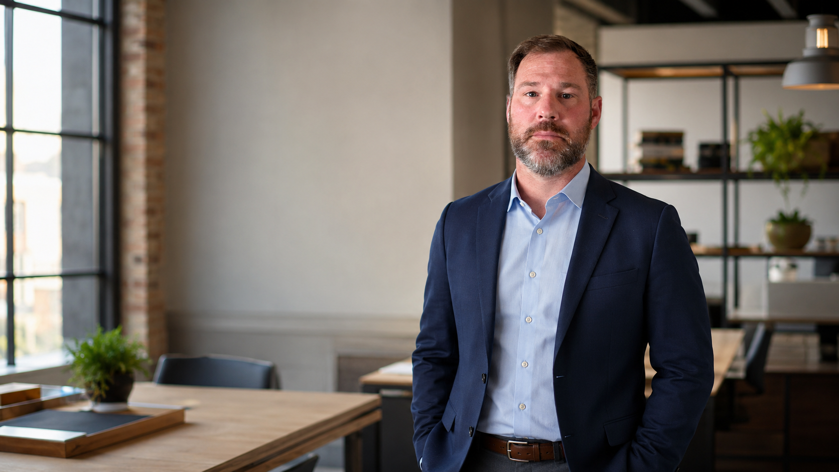 A middle-aged man with a beard wearing a navy blazer and light blue dress shirt standing in a modern, well-lit office with large windows, a wooden table, and potted plants.