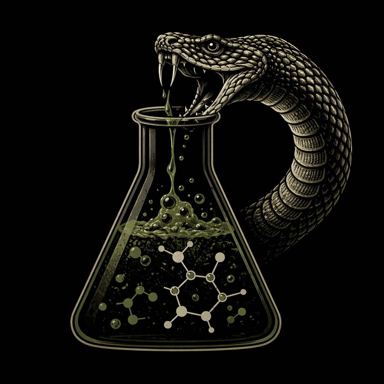 A snake with an armored body emerging from a laboratory flask, with green liquid and chemical structures inside.