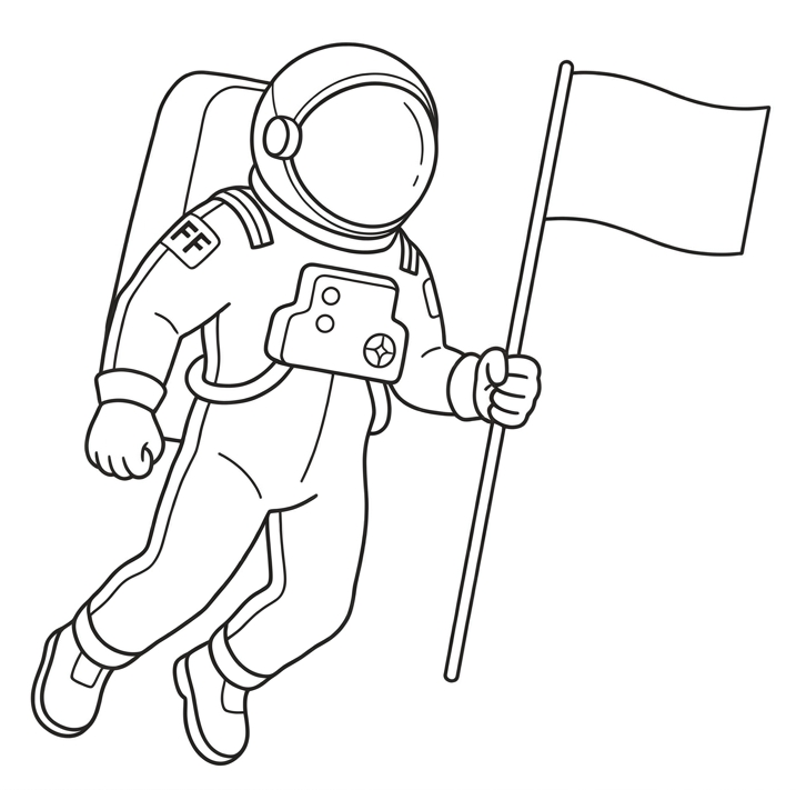 A line drawing of an astronaut holding a flag, floating in space.