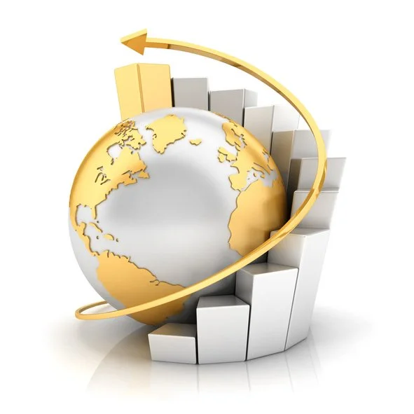 A 3D globe with gold continents wrapped by an arrow, positioned in front of ascending bar graph.