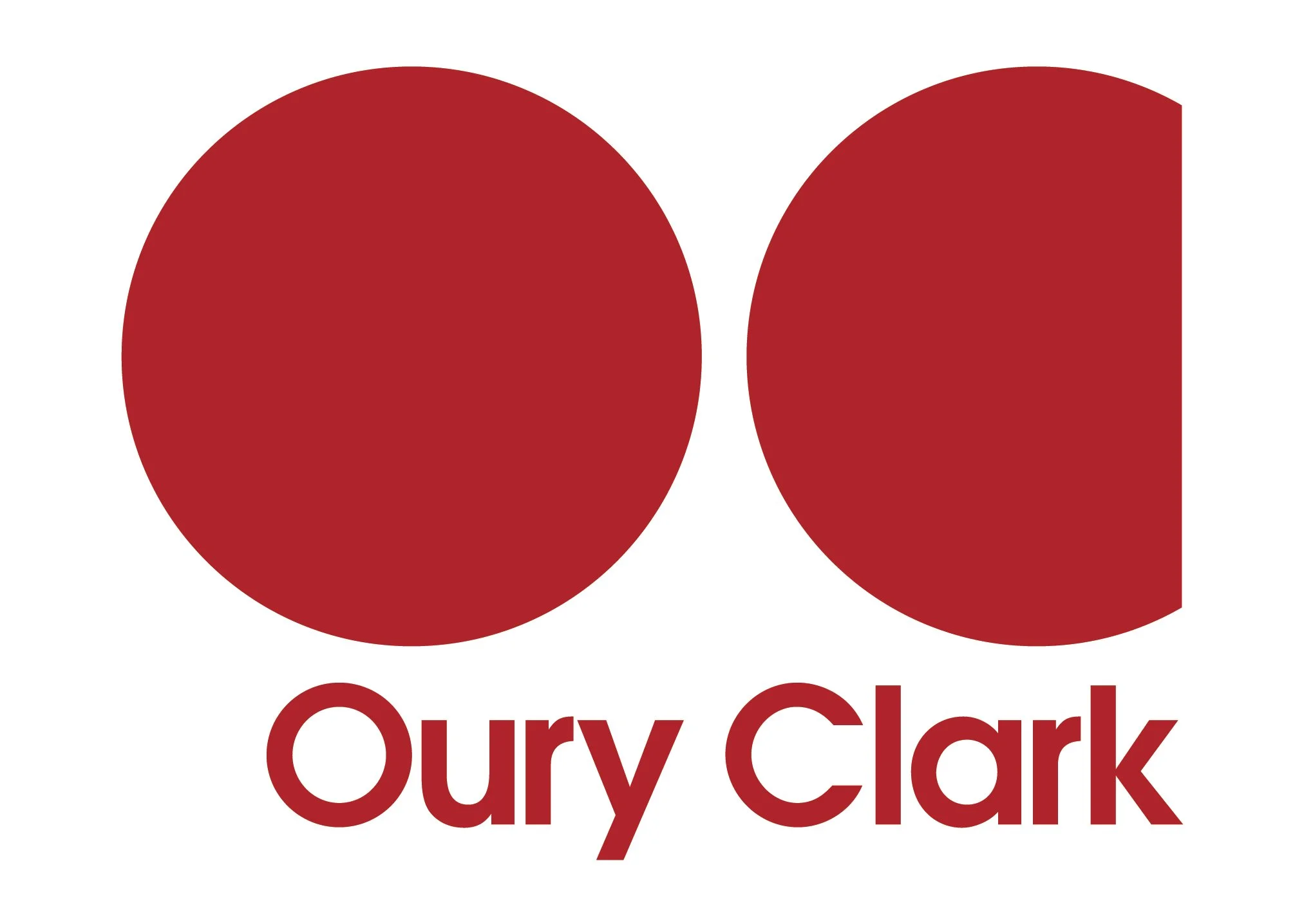 Logo with two red circles and a red half circle resembling a stylized eye, with the words "Oury Clark" in red text beneath.