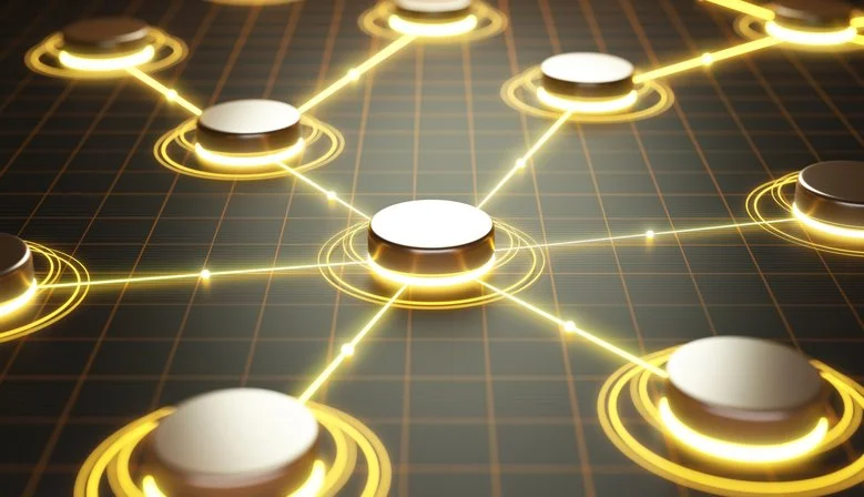 A digital network with interconnected nodes glowing with yellow light on a dark grid background.