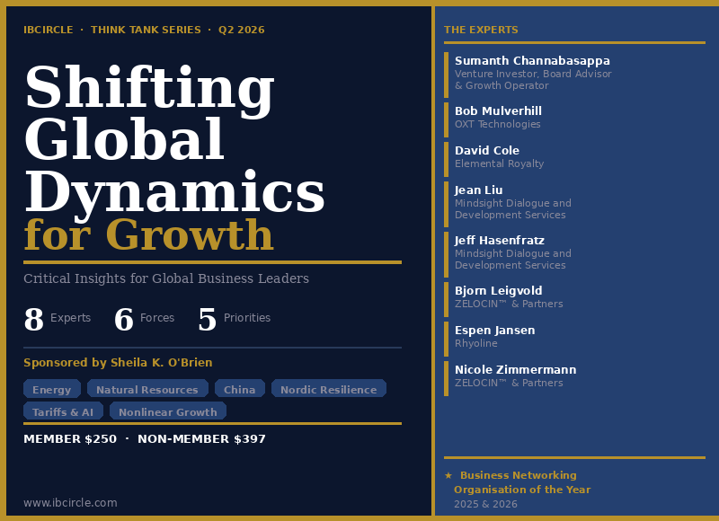 Event poster titled 'Shifting Global Dynamics for Growth', part of IBCircle Think Tank Series Q2 2026. Features a list of experts including Sumanth Channabasappa, Bob Mulyerhill, David Cole, Jean Liu, Jeff Hasenfratz, Bjor Leigold, Espen Jansen, and Nicole Zimmermann. Mentions topics like energy, natural resources, China, Nordic resilience, tariffs & AI, nonlinear growth. Ticket prices are $250 for members and $397 for non-members. Website: ibcircle.com.