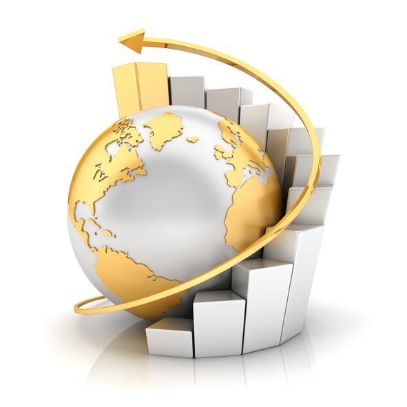 A globe with gold continents surrounded by ascending 3D bar graphs and a curved arrow, symbolizing global growth and progress.