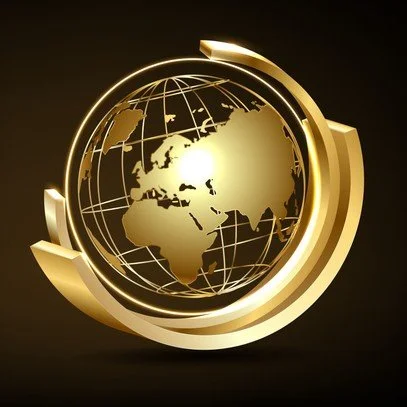 A golden globe of Earth with continents and longitude and latitude lines, surrounded by a shiny, curved golden frame against a dark background.