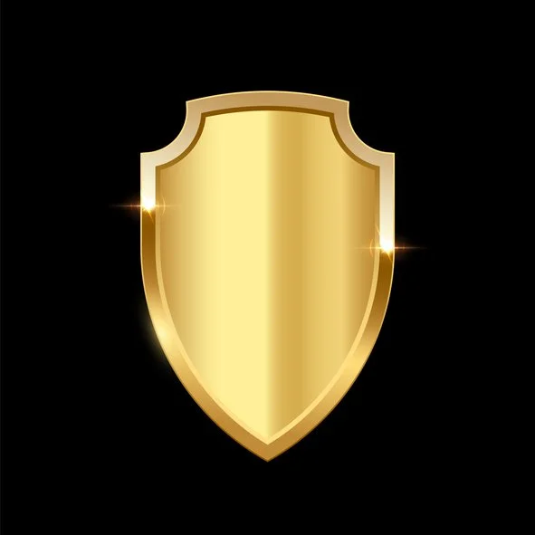 A shiny gold shield badge with a black background.