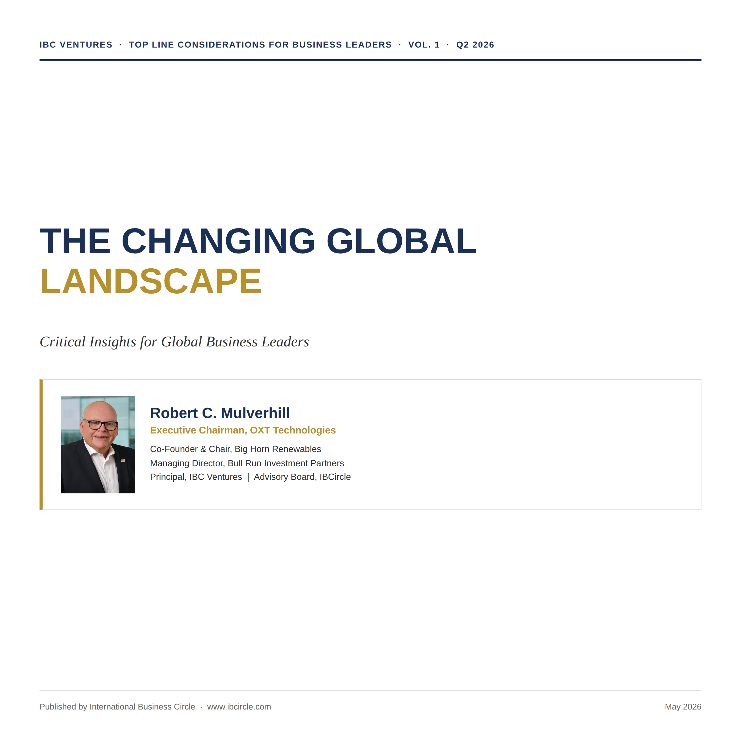 Cover page of a report titled "The Changing Global Landscape" by Robert C. Mulverhill, featuring a dark blue and gold themed design, with sections referring to the contents, author information, and upcoming volumes.