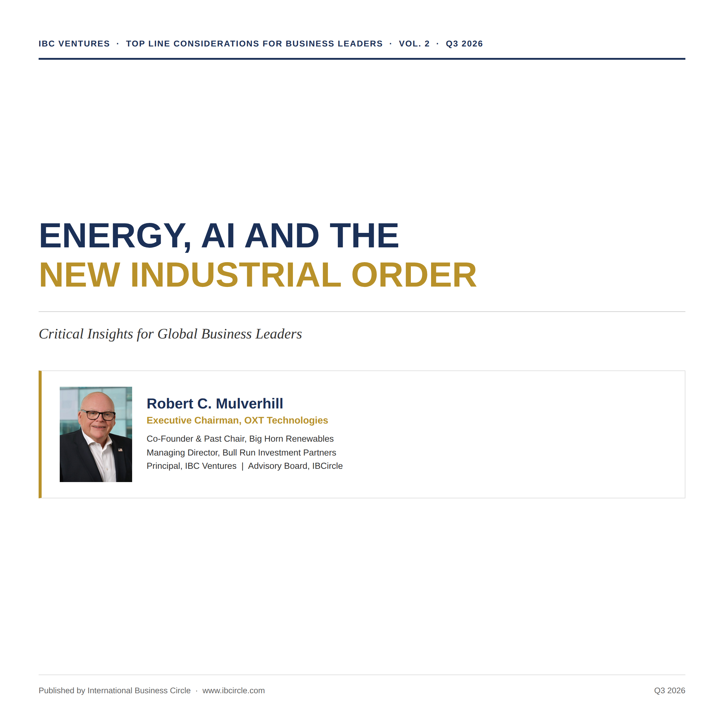 A webpage about the top line considerations for annual subscriptions to IBCircle and IBC ventures, highlighting four volumes with different topics scheduled across 2026 and 2027, including the changing global landscape, energy and AI, capital markets, and leadership, with pricing details for members and non-members.