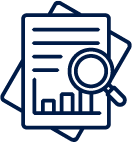 Icon of a report or document with a magnifying glass and a bar chart.