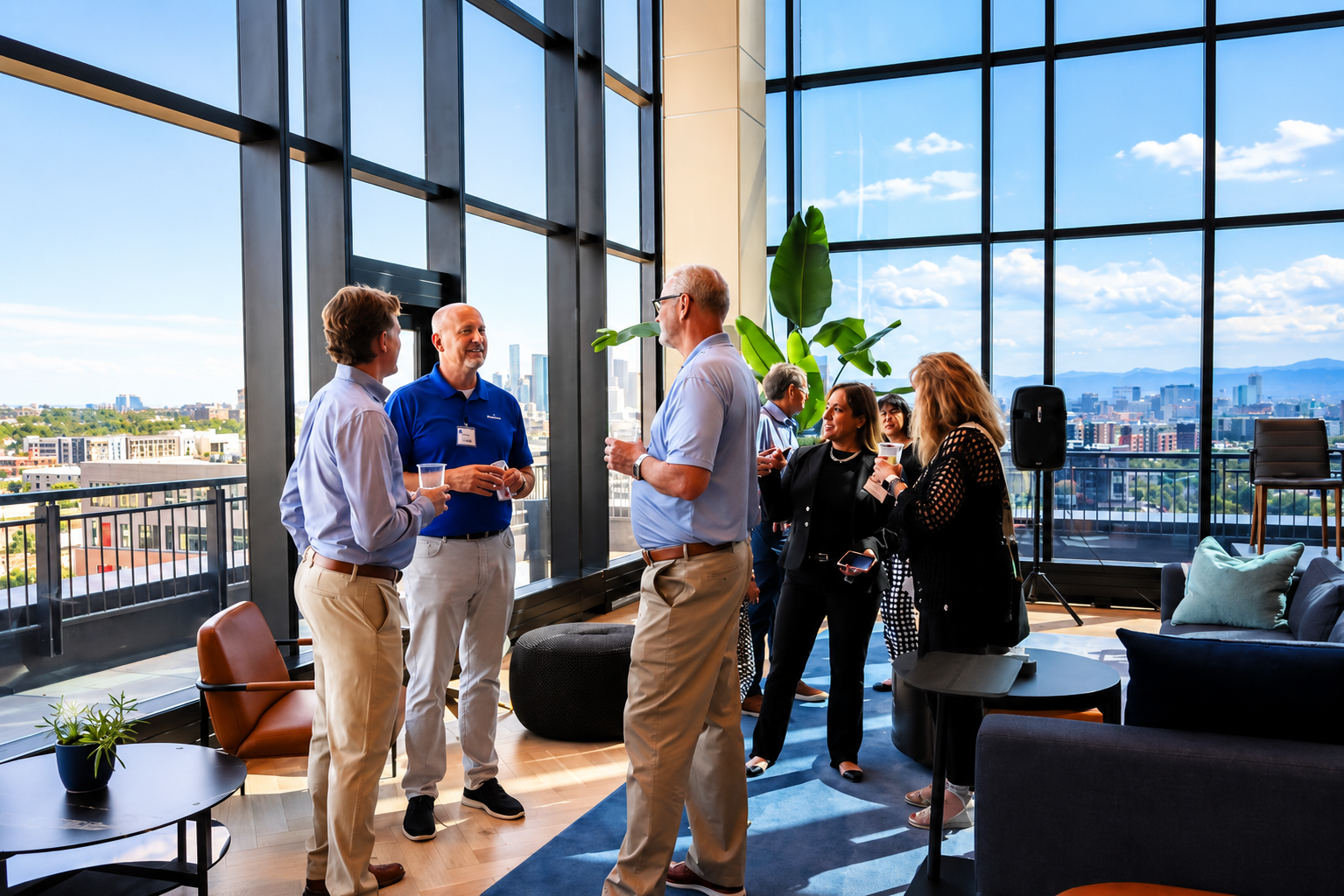 A group of professionals at a networking event in a modern high-rise office with large windows and a city view, holding drinks and engaging in conversation.