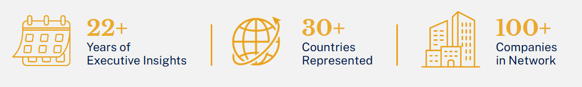 Infographic highlighting 22+ years of executive insights, 30+ countries represented, and 100+ companies in the network.