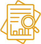 Outline of documents with a magnifying glass and bar chart.
