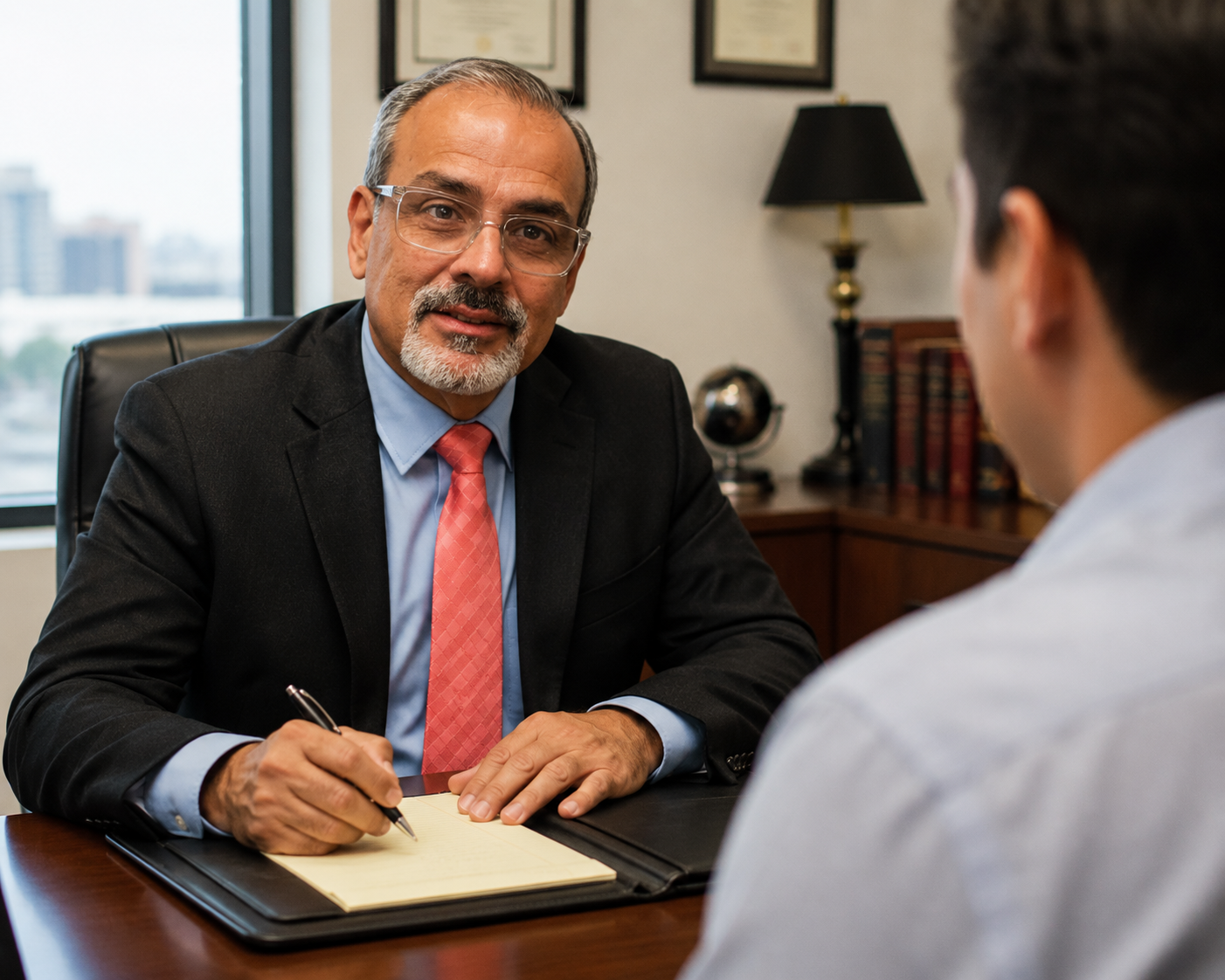 A middle-aged man with gray hair, glasses, and a beard, wearing a suit and pink tie, speaking to a younger man in an office setting.