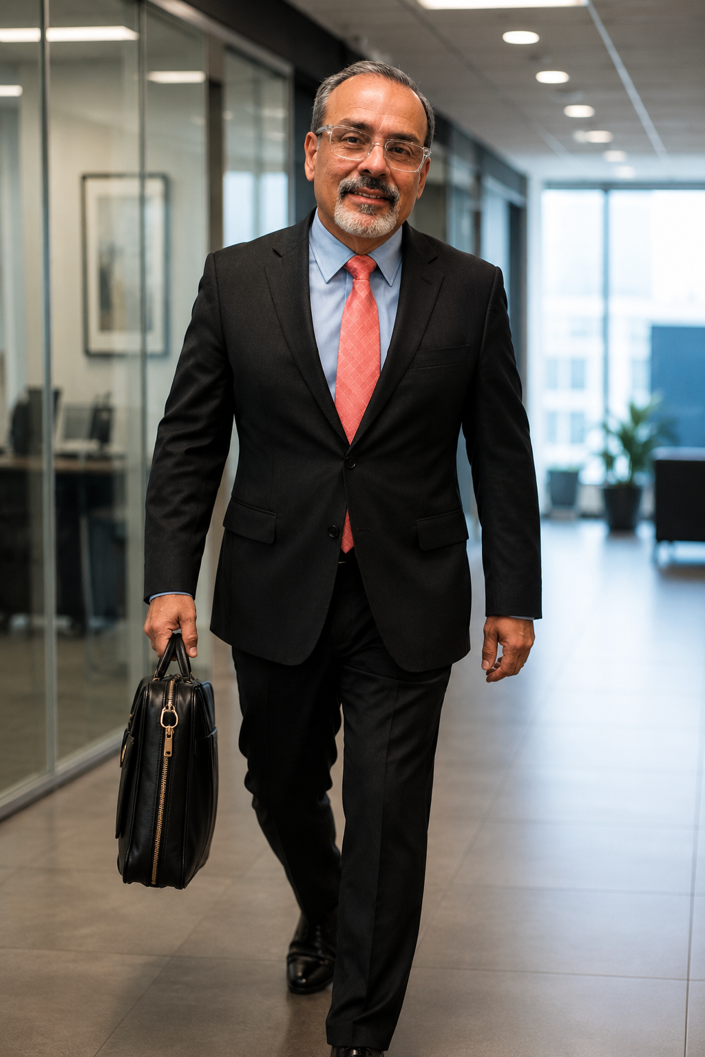 A confident middle-aged man in a black suit, pink tie, and glasses, carrying a briefcase, walking through a modern office.