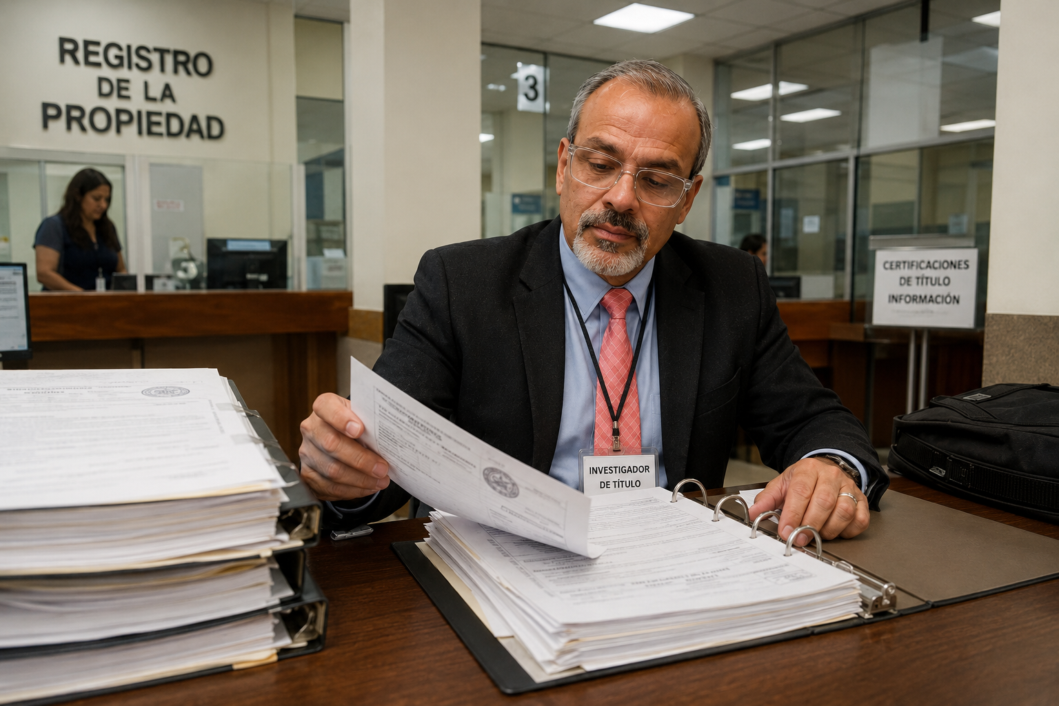 A man wearing glasses, a black suit, light blue shirt, and pink tie sitting at a desk, reviewing documents in a binder, with a badge labeled "Investigador de Título." In the background, a woman is working at a counter, with signs indicating property registration and certificate information.