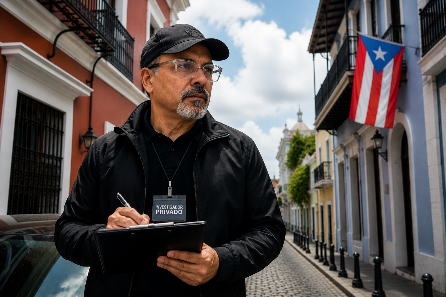 A man with gray hair and beard wearing glasses, a black cap, black jacket, and a badge labeled "Investigador Privado" (Private Investigator) standing on a cobblestone street in a colorful neighborhood with Spanish-style buildings and a Puerto Rican flag hanging from a building.