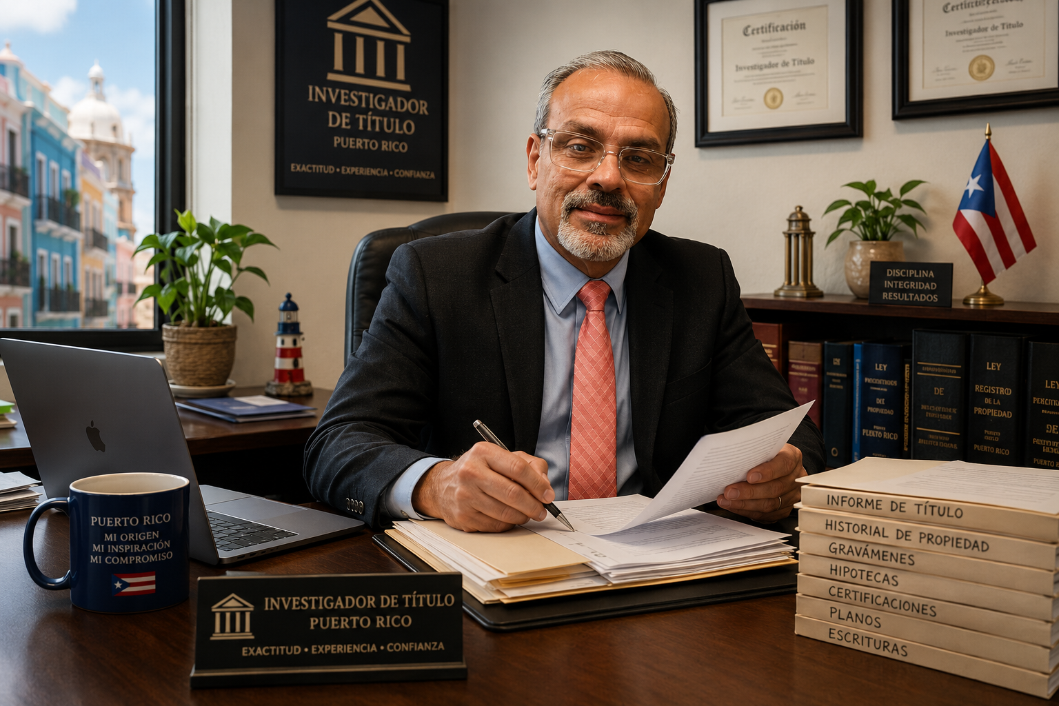 A professional man sitting at his office desk with a stack of property and legal documents, a laptop, and a coffee mug with Puerto Rican flag and text. The office has frames with certificates, a Puerto Rican flag, and decorative plants. The man is wearing a dark suit, blue shirt, and pink tie, and is holding a pen and some documents.