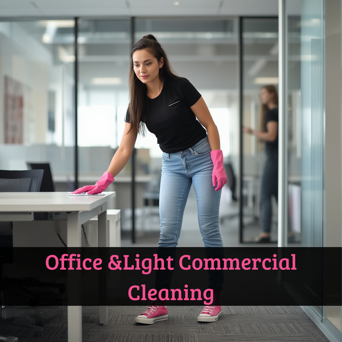 ple Cleaning team member sanitizing a conference table during an office and light commercial cleaning service in South Coast Massachusetts.