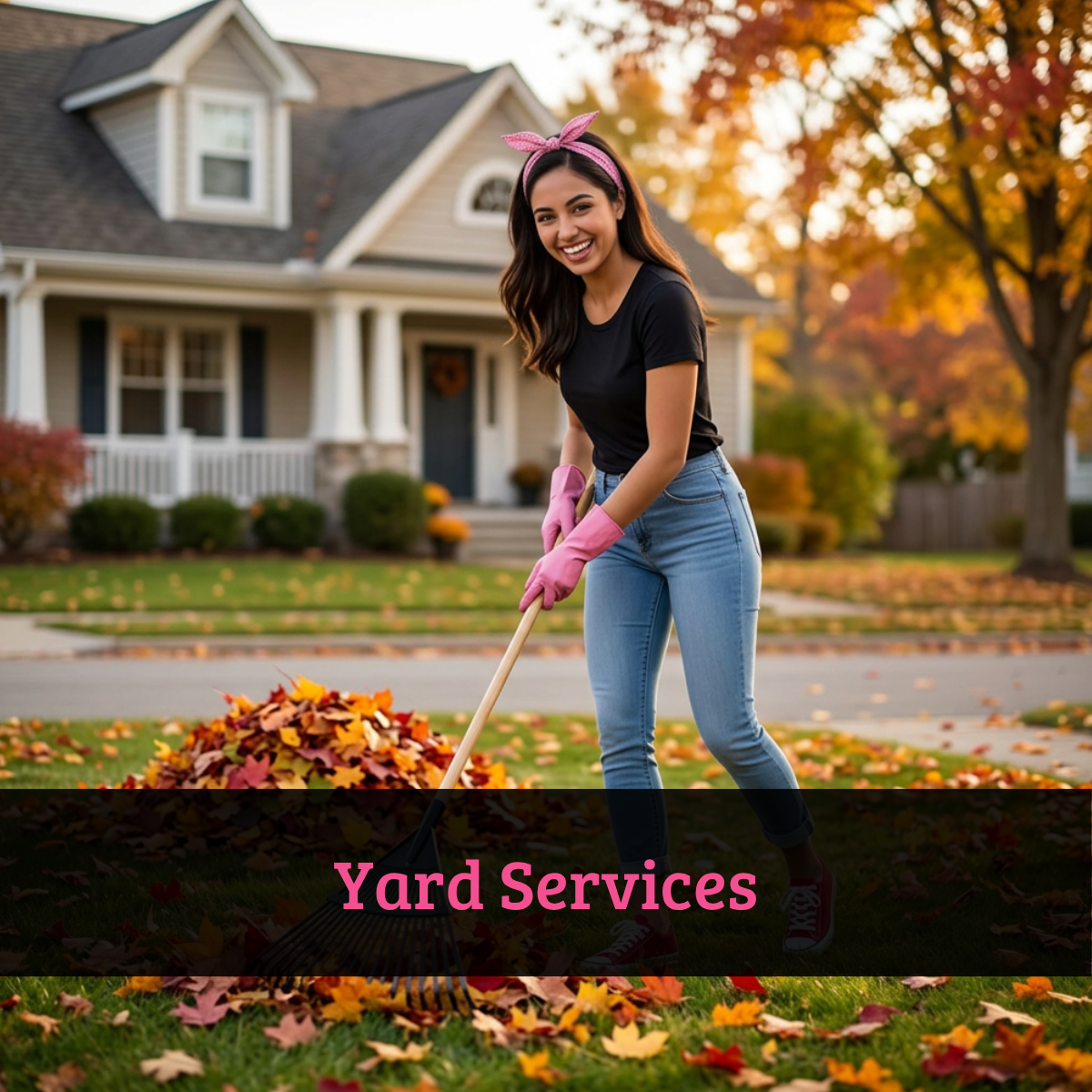 Maid Simple Cleaning team member performing seasonal leaf removal during a residential yard cleanup service in South Coast Massachusetts.