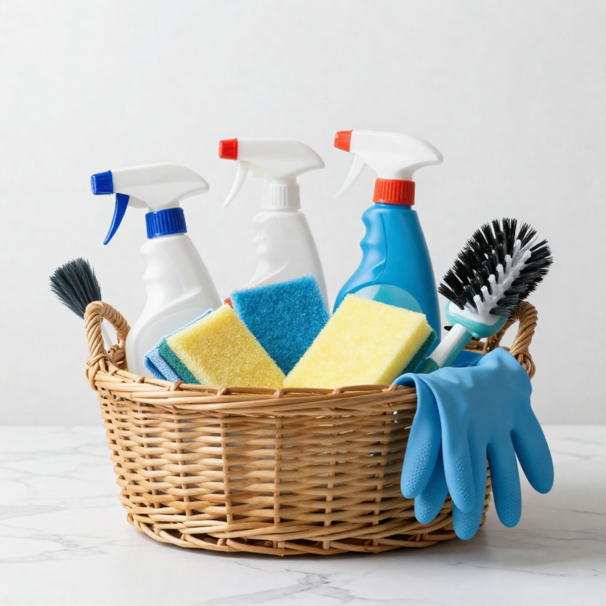 Organized cleaning supplies used by Maid Simple Cleaning, including spray bottles, microfiber cloths, sponges, gloves, and cleaning tools prepared for residential and office cleaning services.