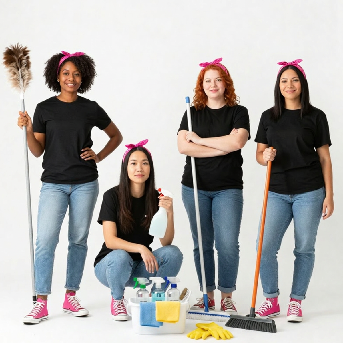 Maid Simple Cleaning team members posing with cleaning supplies and equipment, representing professional residential and commercial cleaning services in South Coast Massachusetts.