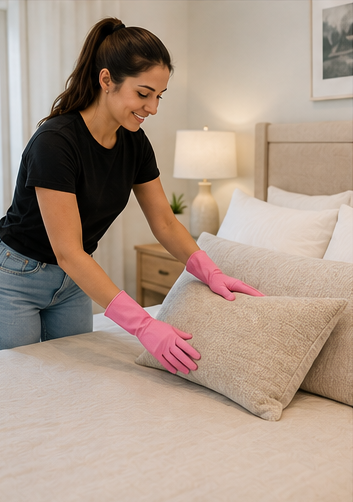 Maid Simple Cleaning team member making a bed during a residential house cleaning service in South Coast Massachusetts.