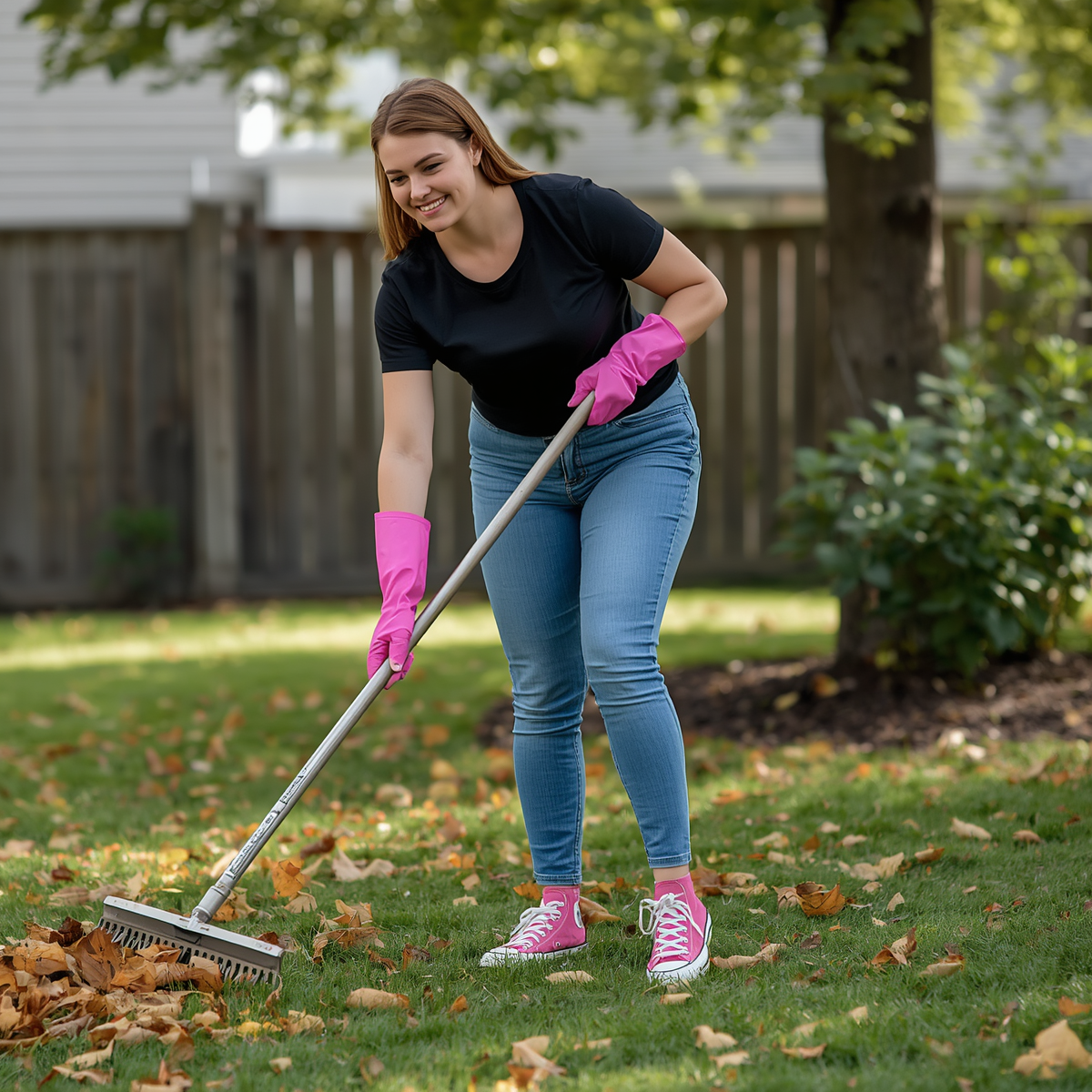 Maid Simple Cleaning team member raking leaves during a residential yard cleanup service in South Coast Massachusetts.