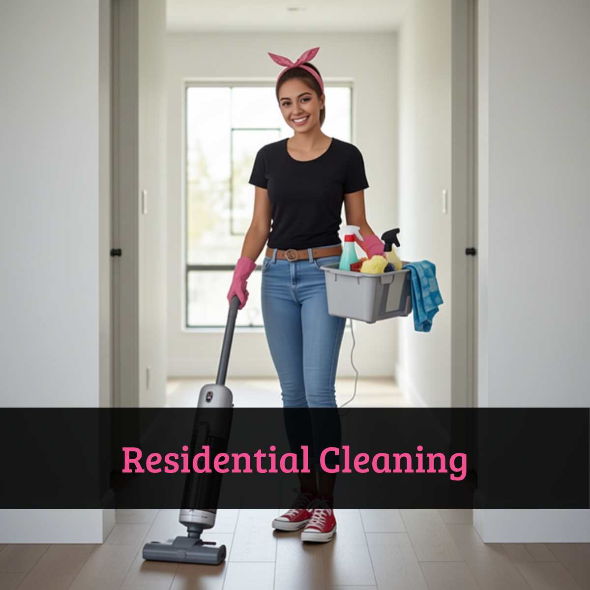 Maid Simple Cleaning team member carrying cleaning supplies while preparing for a residential house cleaning service in South Coast Massachusetts.