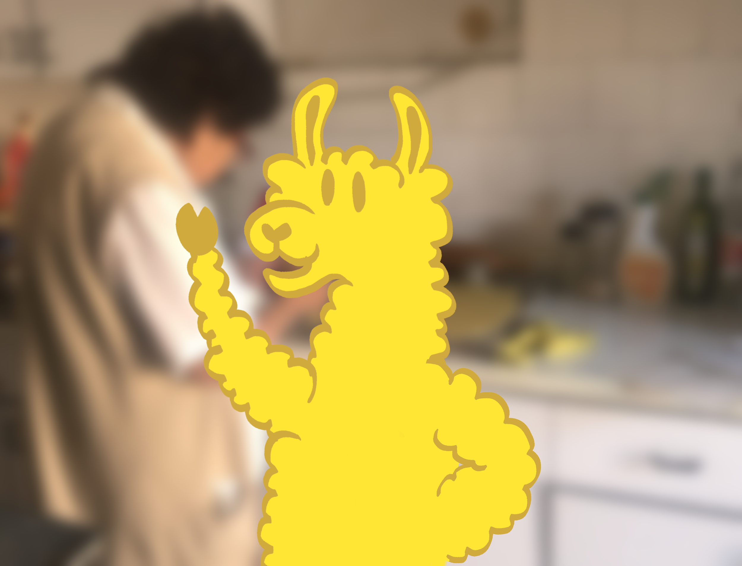 Blurred image, with a yellow illustration of a cartoon llama waving.