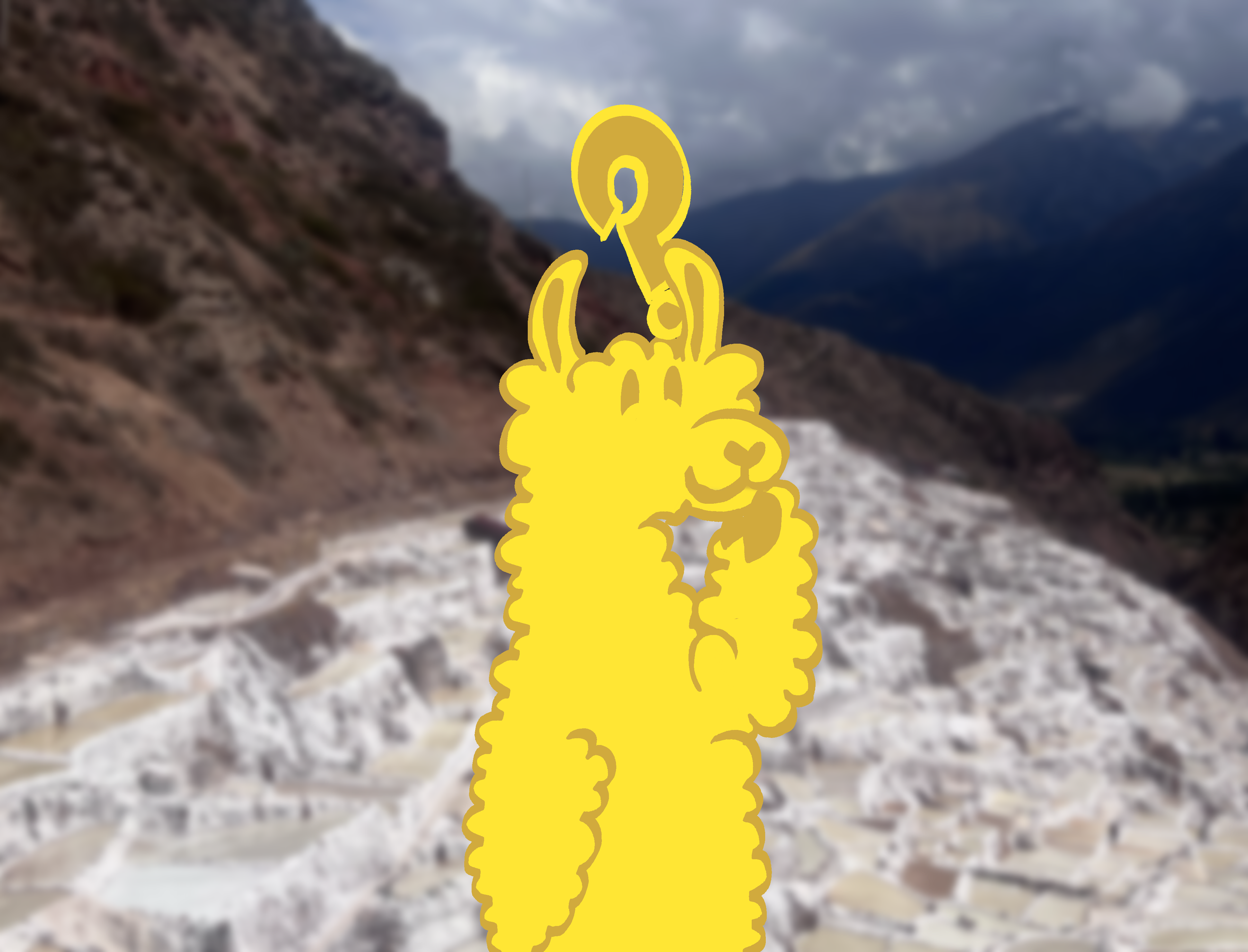 A yellow cartoon llama with a hand on its chin, looking intrigued, superimposed on a mountain landscape from Maras in Peru.
