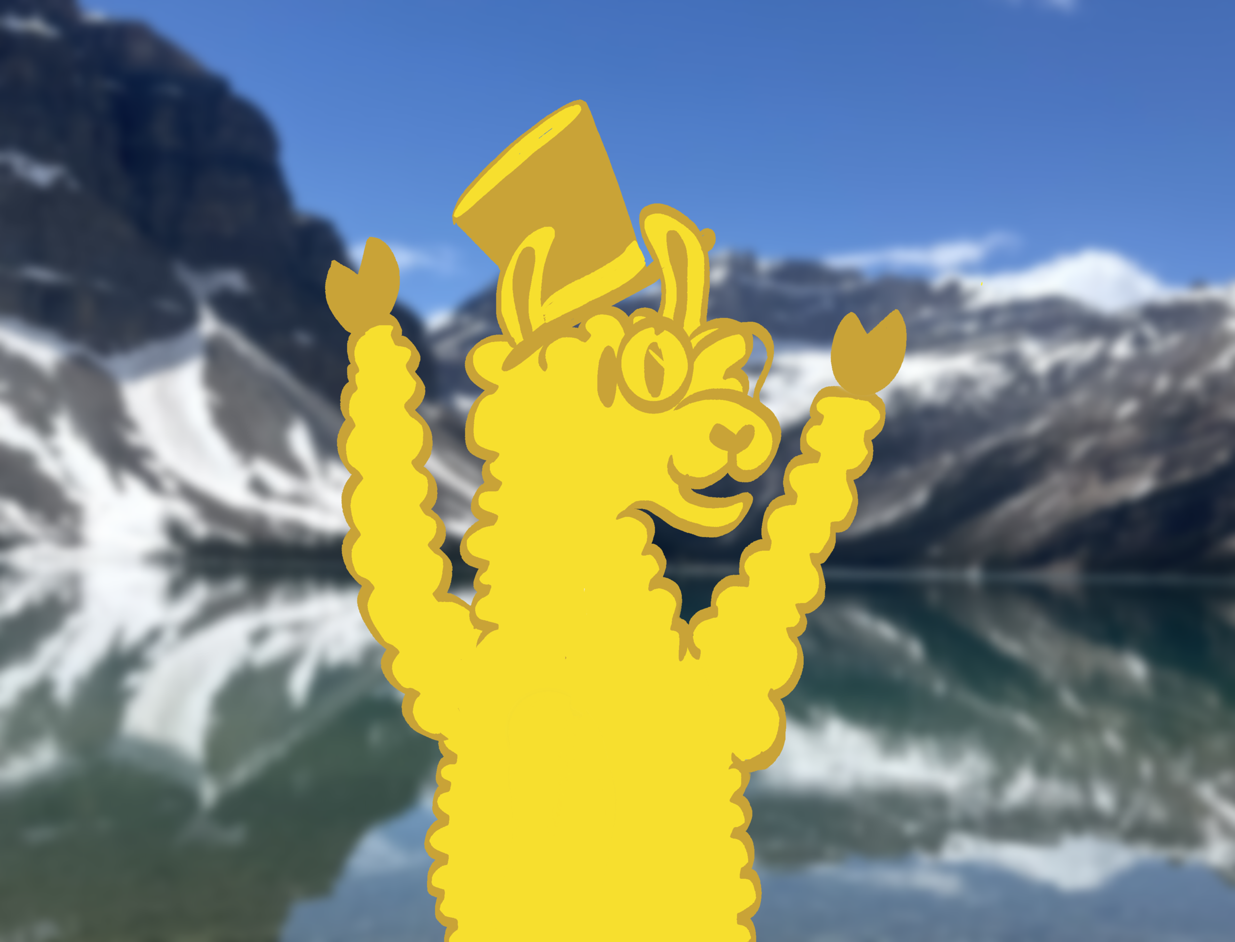 A cartoon yellow llama with a large, open-mouthed smile and wearing a large yellow hat is standing in front of snow-covered mountains and a clear blue sky.