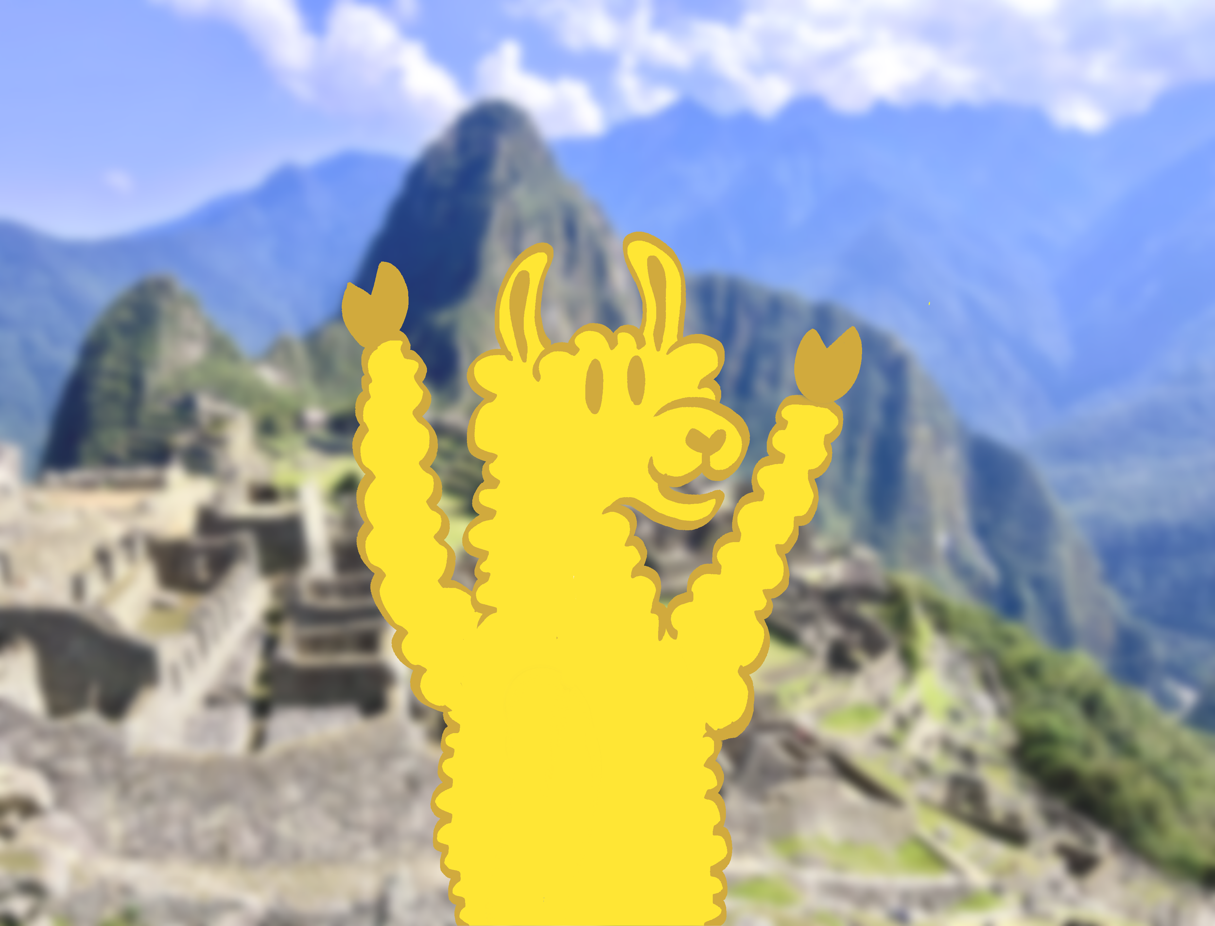 Animated yellow cartoon llama hand giving a thumbs-up gesture in front of Machu Picchu with blue sky and clouds in the background.
