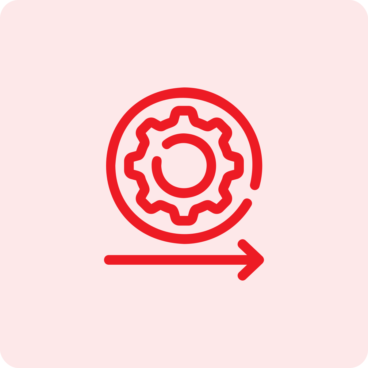 Red gear icon surrounded by a circular arrow, with a red arrow pointing to the right underneath, on a light pink background.