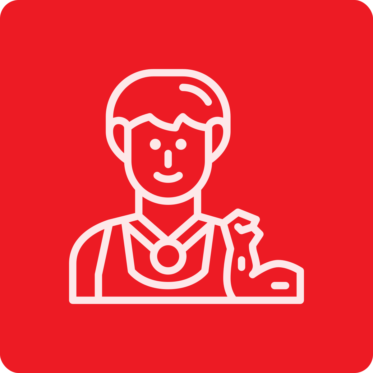 Line drawing of a healthcare worker with a stethoscope around their neck and a bandage on their arm, on a red background.