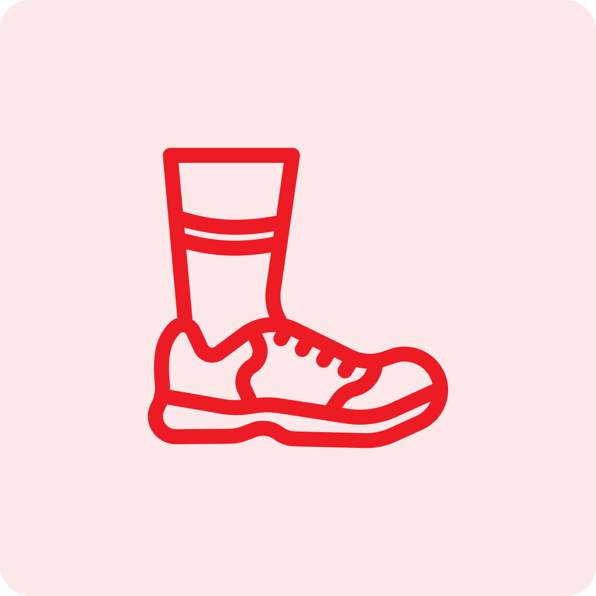 Outline drawing of a sneaker shoe with a sock, in red on a light pink background.
