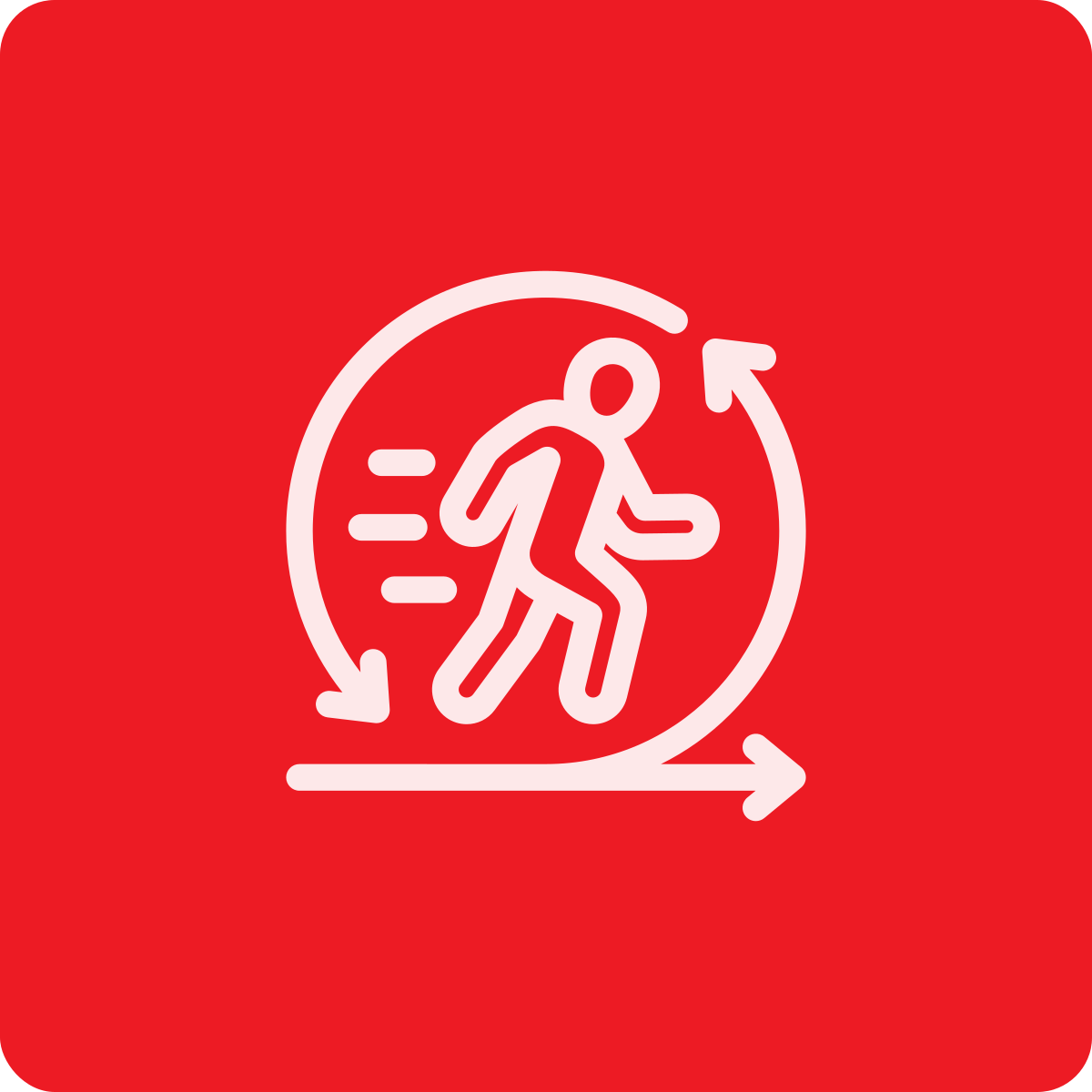 White running figure within a circular arrow on a red background, indicating a running or movement cycle.