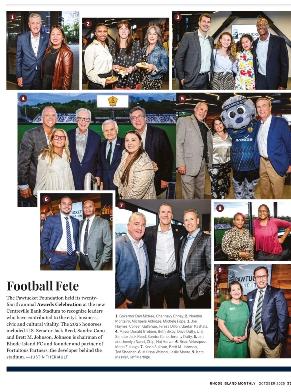 Group photos of attendees at the Football Fete awards celebration, including local leaders, politicians, and community members, at the new Centerville Bank Stadium.