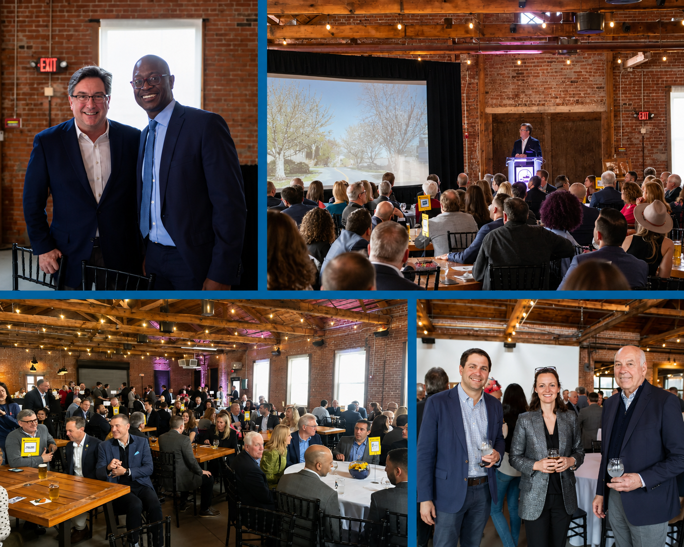 A professional networking event in a rustic brick venue with wooden beams and string lights. The event includes a speaker at a podium, a large audience at round tables, and socializing among attendees in formal business attire.