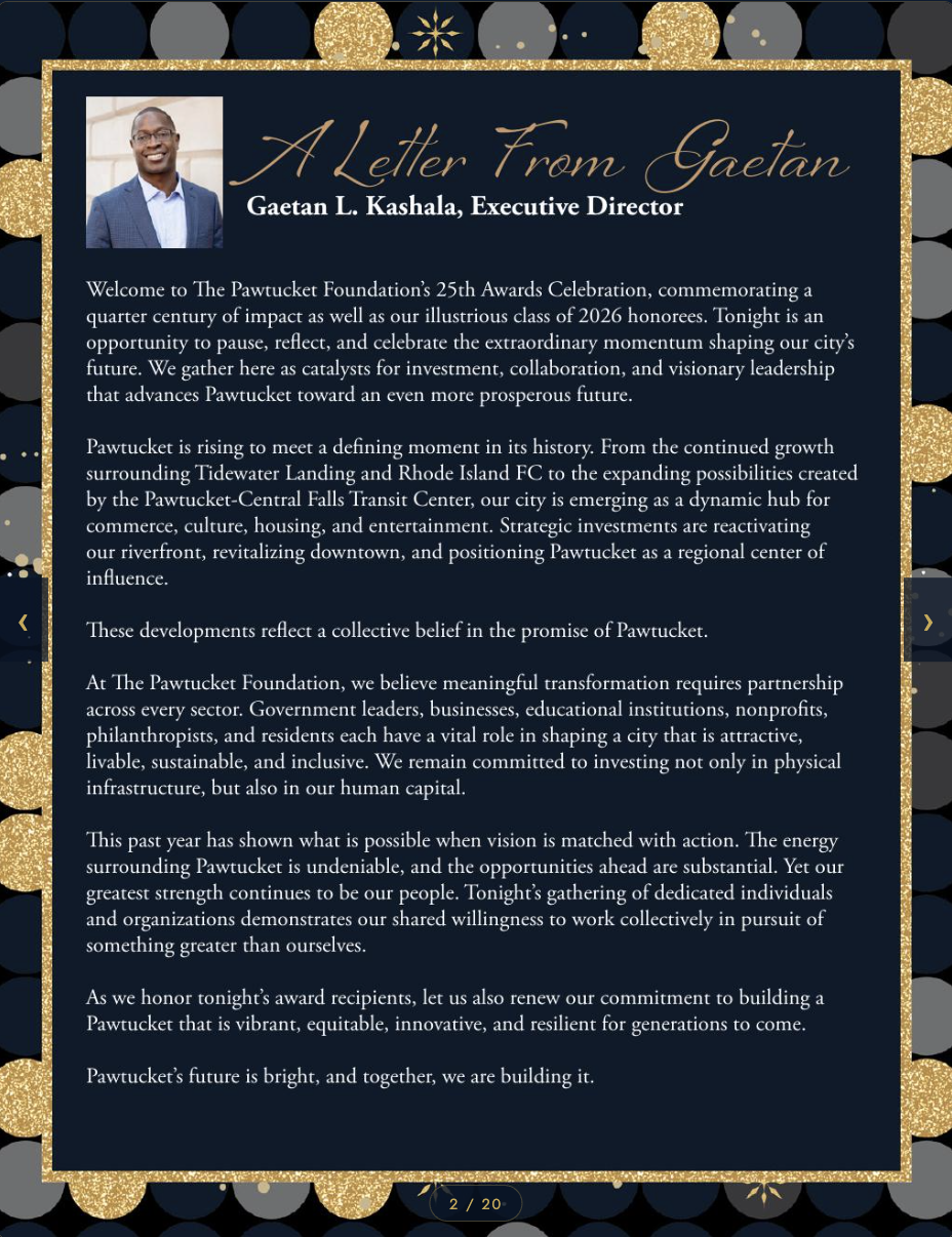 A letter from Gaetan L. Kashala, Executive Director, at the Pawtucket Foundation's 25th Awards Celebration, with a photo of him, featuring a blue background with gold and dark peacock feather-like border elements.