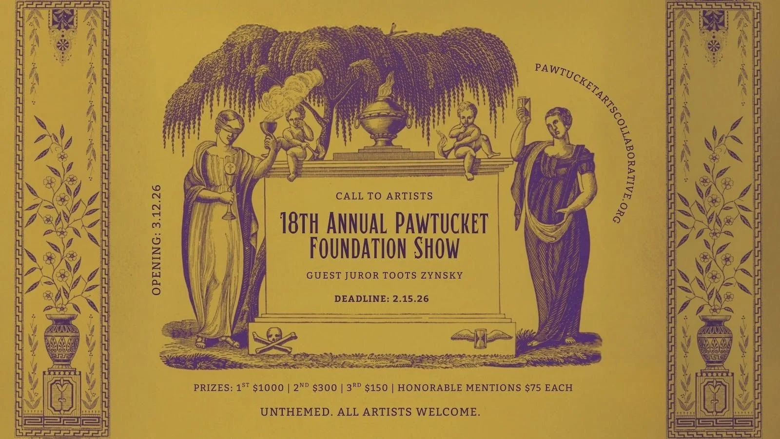 Invitation to 18th Annual Pawtucket Foundation Art Show featuring classical-style artwork with two women holding drinks, a child under a tree, a central urn with smoke, and details about the event, deadlines, and prizes.